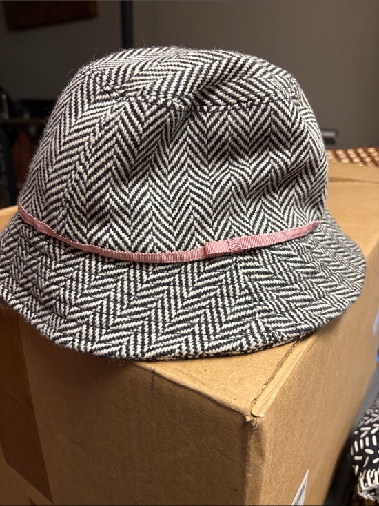 J. Crew Accessories - J. Crew Black & White Herringbone Bucket Hat with Pink Ribbon